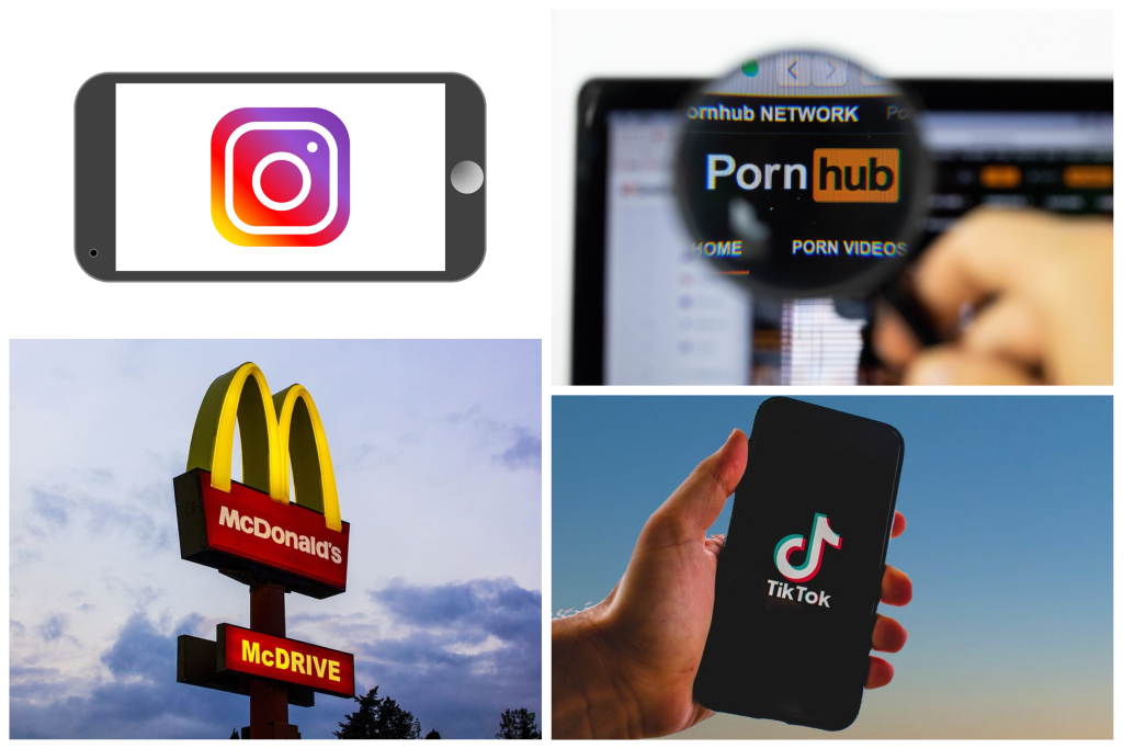 The Instagram logo, PornHub logo, McDonalds Logo, and Tik Tok logo occupy four parts of the photo.