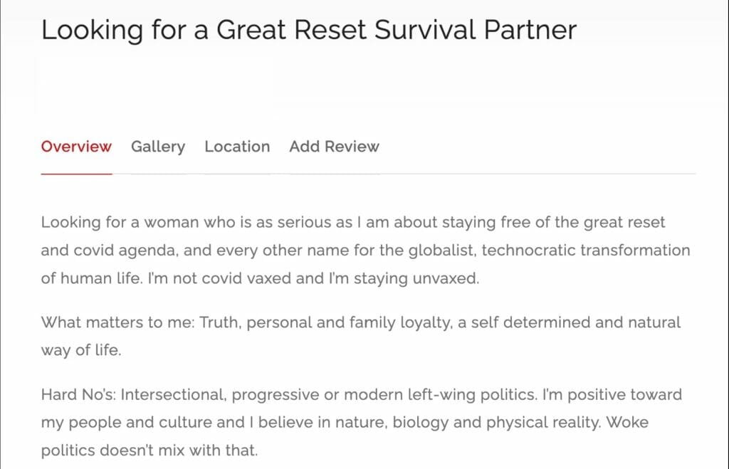 A screenshot of one of the dating profiles on Freedom Pages. Photo via screenshot.