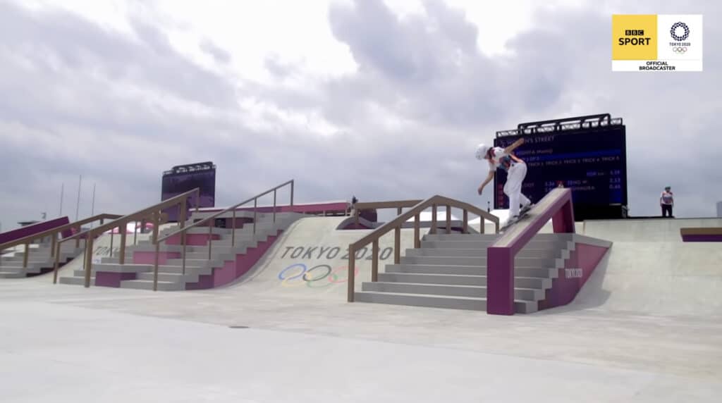 Momiji Nishiya competing in the Tokyo Olympics women’s street skateboarding 