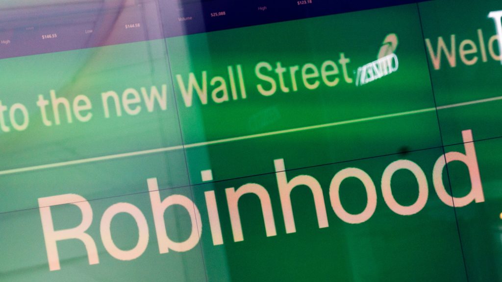 An electronic screen at Nasdaq displays Robinhood in New York's Times Square following the company's IPO