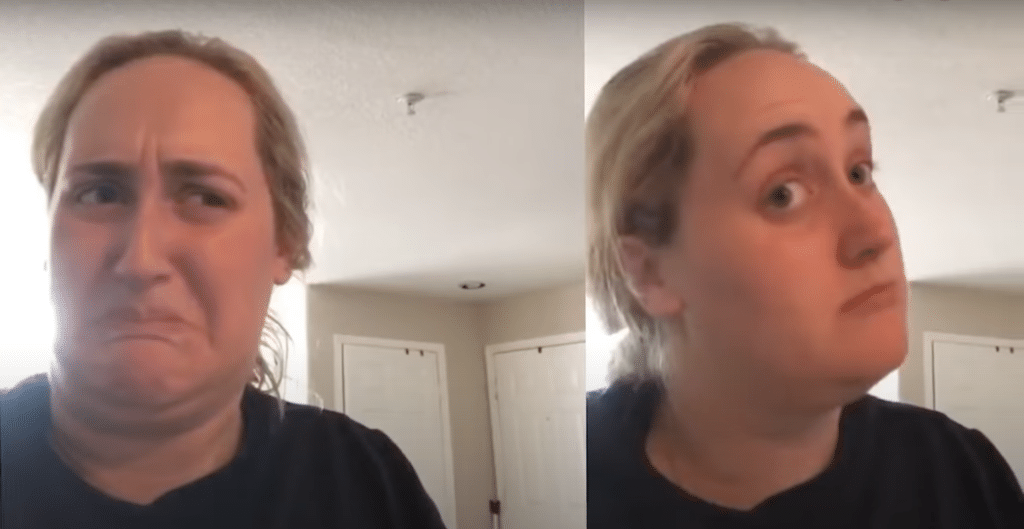 Collage of two pictures. In both features the same woman. In the first half, the woman looks disgusted. In the second picture, the woman seems interested.