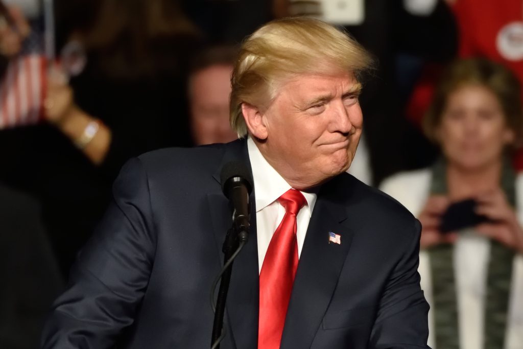 HERSHEY, PA - DECEMBER 15, 2016: President-Elect Donald Trump looks left toward the crowd as he delivers a speech at a "Thank You Tour" rally held at the Giant Center.