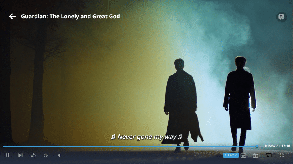 Screenshot from the Korean drama Guardian The Lonely and Great God showing the silhouettes of two men walking through the mist