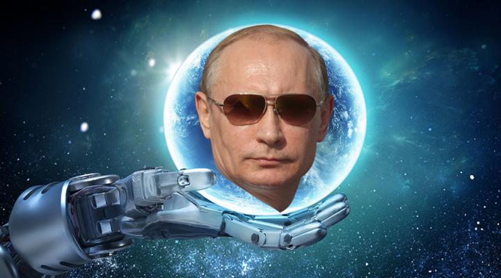 Vladimir Putin and robot hand, representing AI