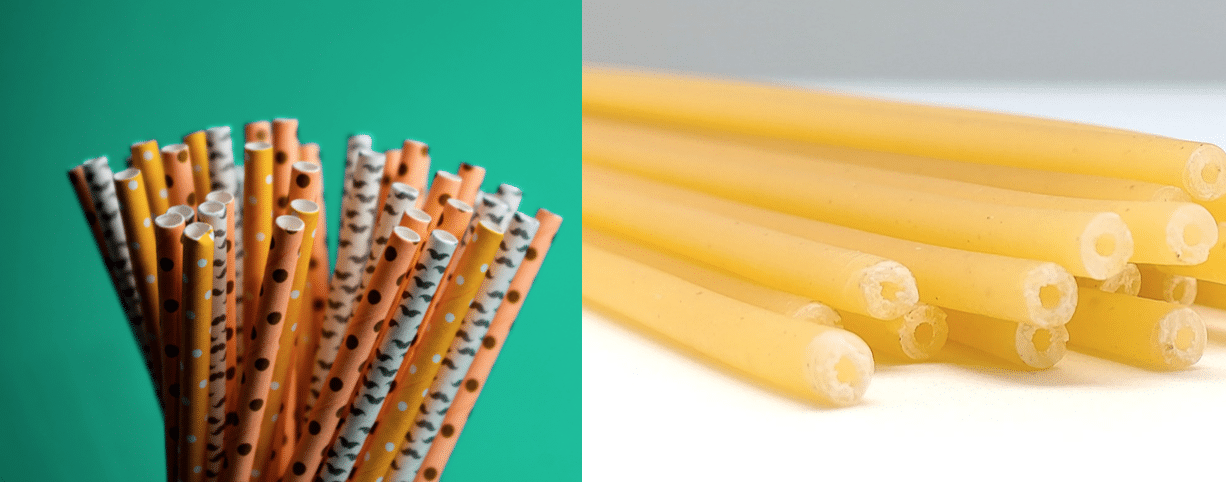 Paper straws on green background compared to pasta straws