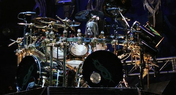 Joey Jordison seated behind his legendary drum kit