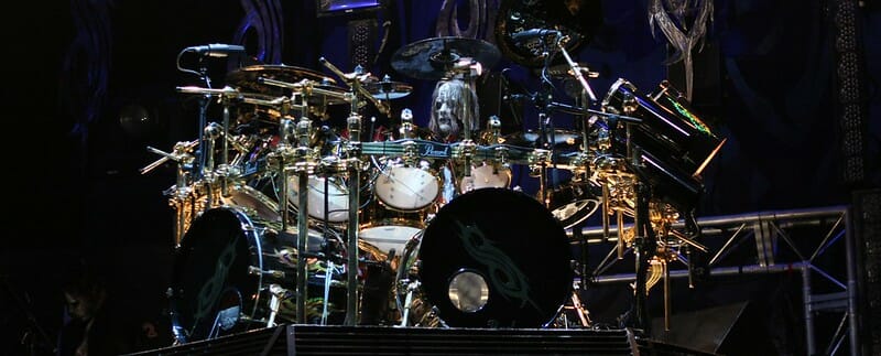 Joey Jordison seated behind his legendary drum kit