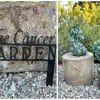 A black metal sign saying 'The Cancer Garden', two cacti in stone pots