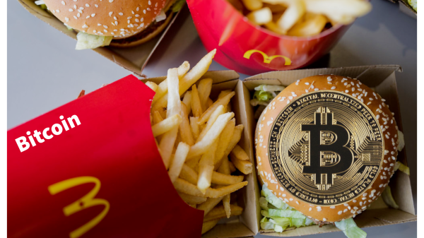 McDonalds Meal With Bitcoin Logo Over The Burger