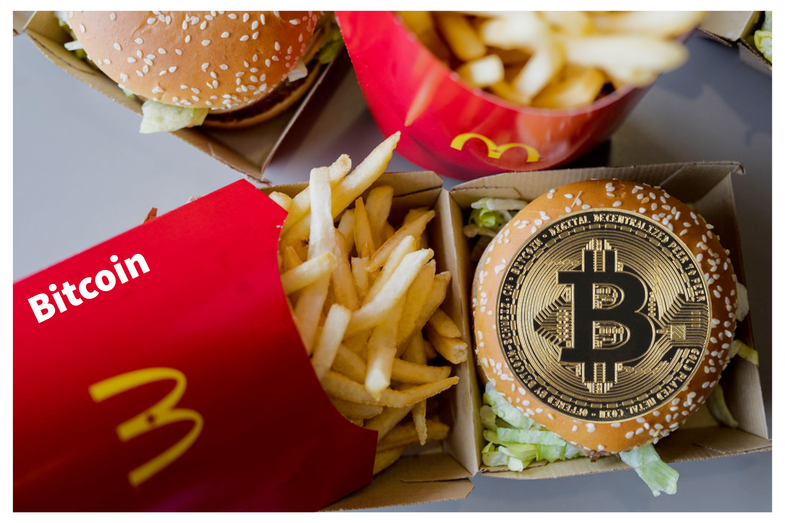 McDonalds Meal With Bitcoin Logo Over The Burger