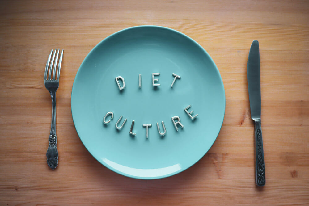 blue plate with diet culture spelled out
