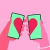 long distance relationship Illustration of two hands holding iPhones each displaying half a heart