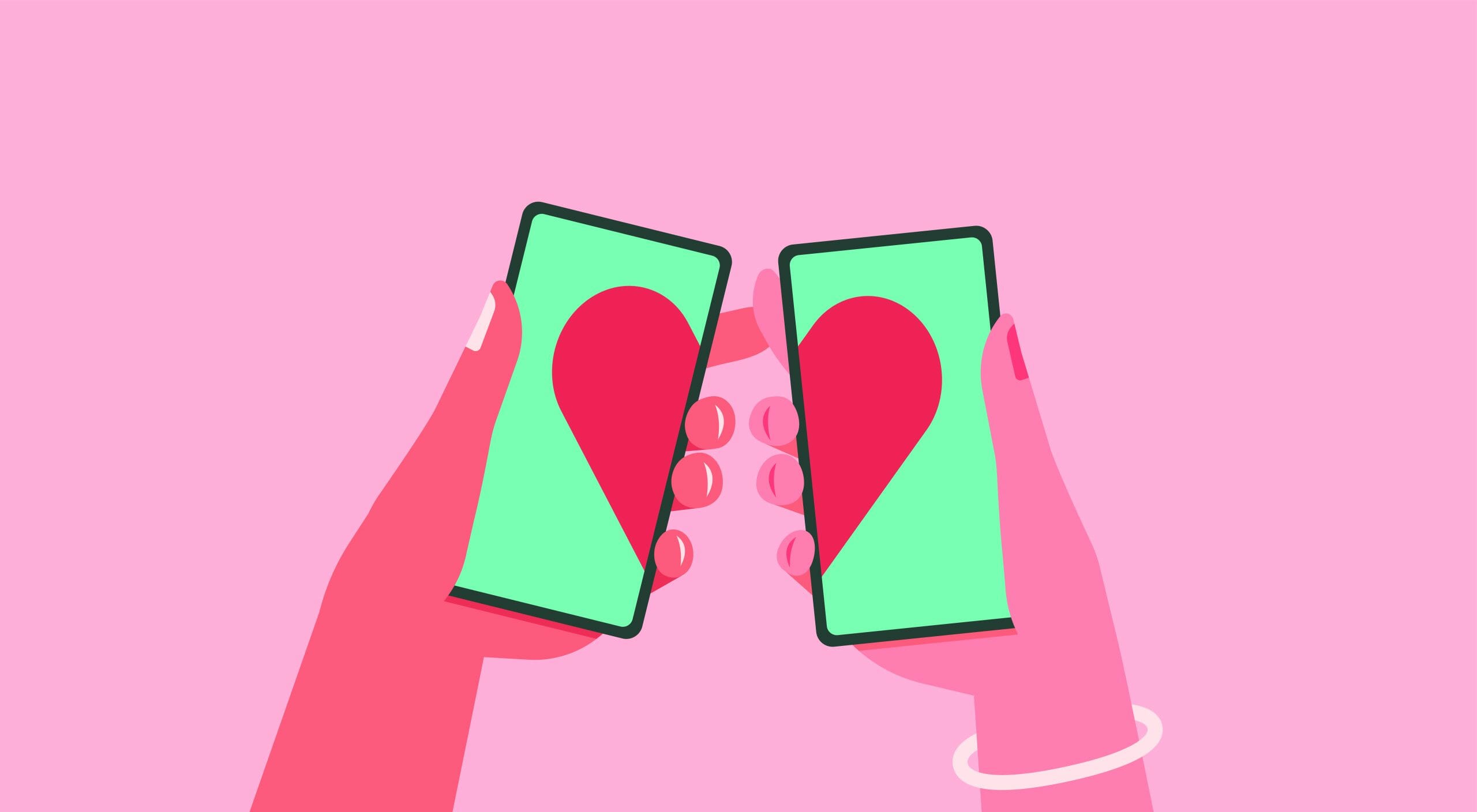 long distance relationship Illustration of two hands holding iPhones each displaying half a heart