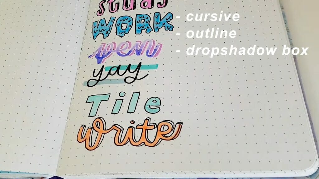 Notebook page showing words written in different fonts and colors