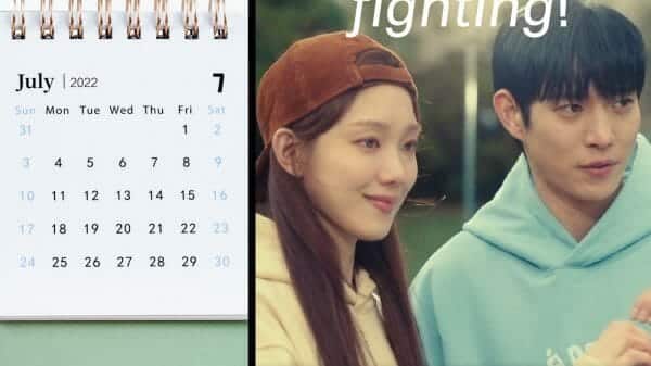 July 2022 calendar next to screenshot of actors from the Korean drama Shooting Stars