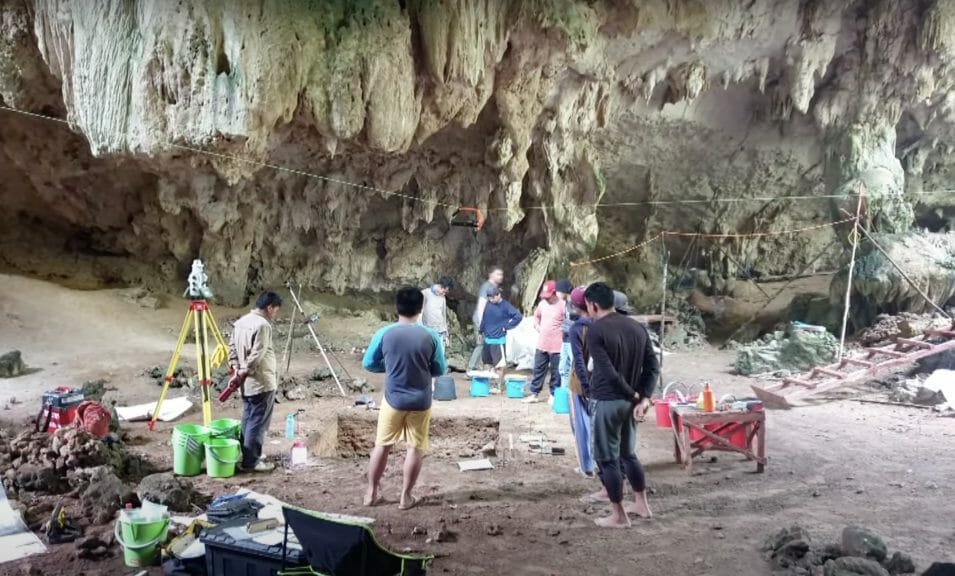 Researchers in the Borneo cave standing above the excavated area.