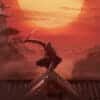 Assassin balances on rooftop In front of a beautiful Japanese dusk.