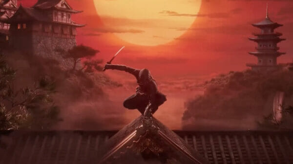 Assassin balances on rooftop In front of a beautiful Japanese dusk.