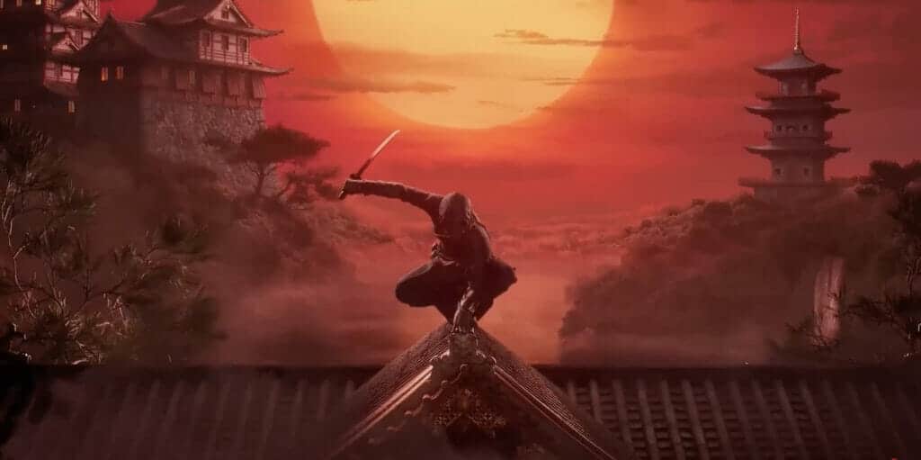 Assassin balances on rooftop In front of a beautiful Japanese dusk.