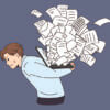 Cartoon of man carrying laptop with overflowing documents on his back