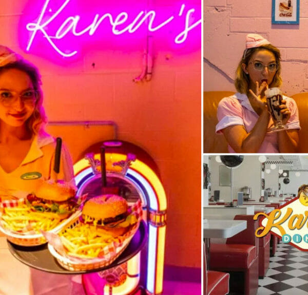 karen's diner restaurant and waitress holding burgers and fries