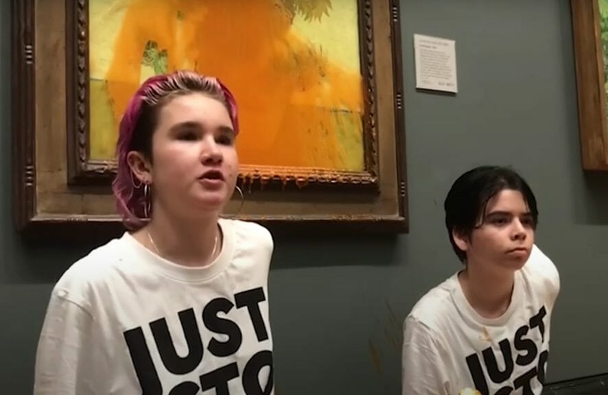 Two young just stop oil protestors throw soup at Van Gogh painting of Sunflowers