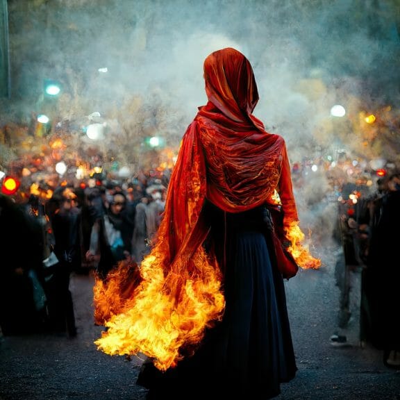 'Women Life Freedom': Iran Condemns First Protestors To Death poster showing burning hijab of Amini.