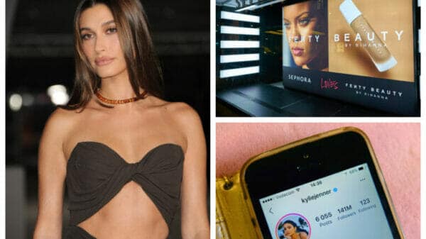 model hailey bieber on left-hand side, an in-store display of rihanna's fenty beauty in the top right, and a picture of kylie jenner's instagram account at the bottom right. it shows the multiple businesses she owns in her instagram bio.