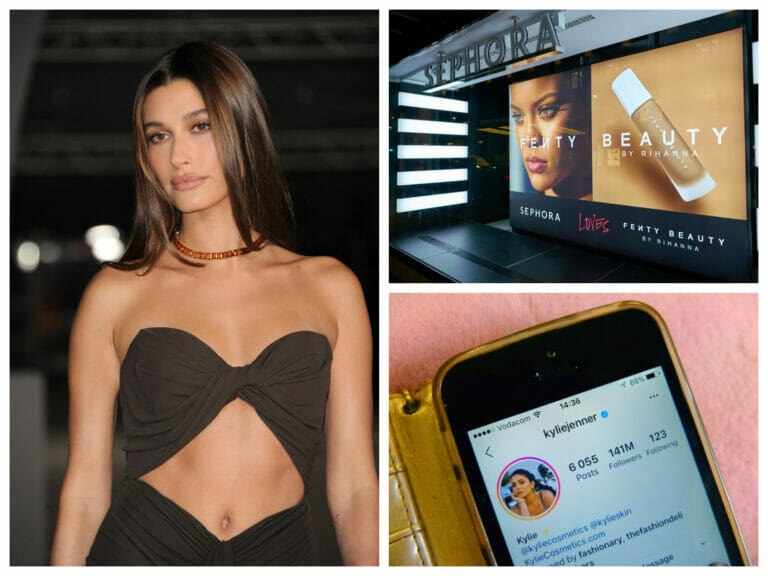 model hailey bieber on left-hand side, an in-store display of rihanna's fenty beauty in the top right, and a picture of kylie jenner's instagram account at the bottom right. it shows the multiple businesses she owns in her instagram bio.
