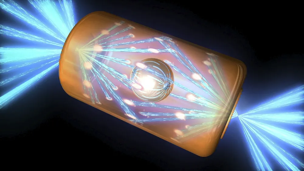 An artist's rendering of the nuclear fusion process: a hydrogen-fuel pellet with laser beams entering it.