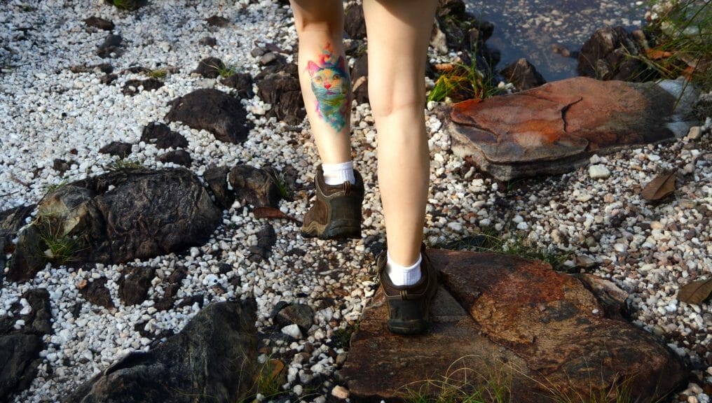 Person walking with watercolor style cat tattoo on leg