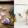 Right image displays crystals and herbs, left image displays a white bedroom with a hammock chair.