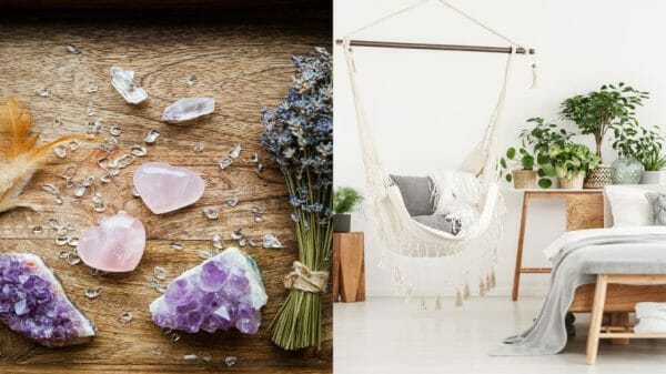 Right image displays crystals and herbs, left image displays a white bedroom with a hammock chair.