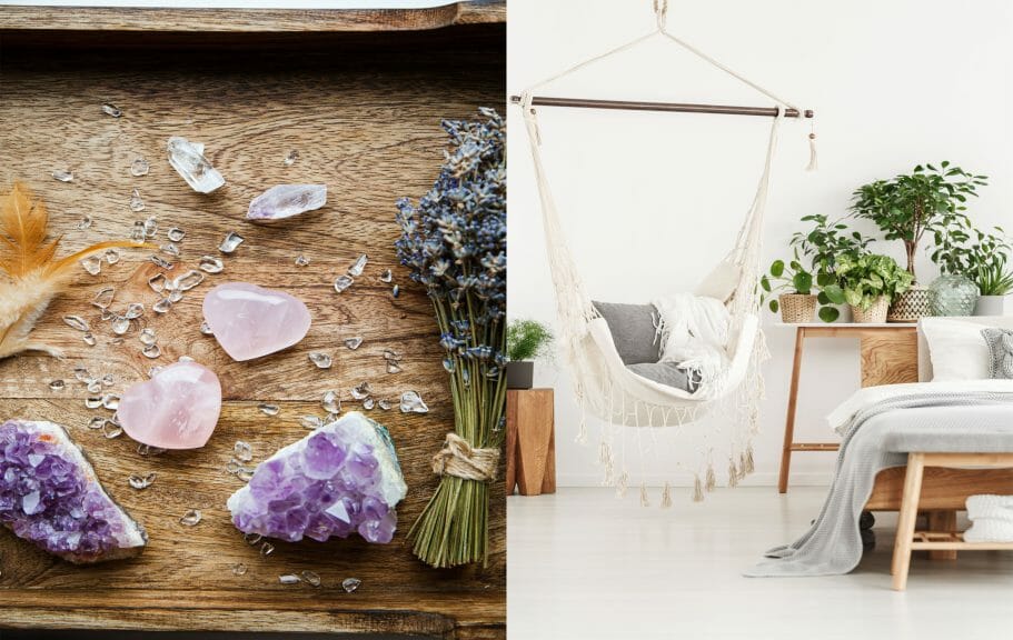 Right image displays crystals and herbs, left image displays a white bedroom with a hammock chair.