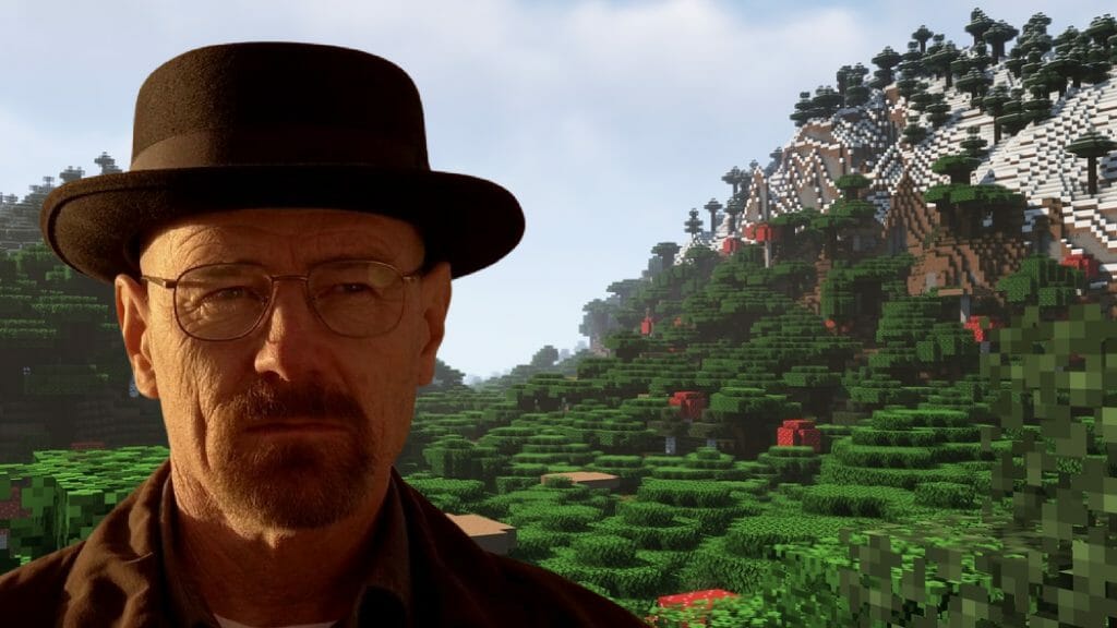 Breaking Bad character "Walter White" over Minecraft dark oak forest biome
