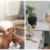 A woman relaxing having a cup of tea on the left, a woman doing a face mask and pampering herself on the right