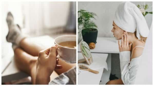 A woman relaxing having a cup of tea on the left, a woman doing a face mask and pampering herself on the right