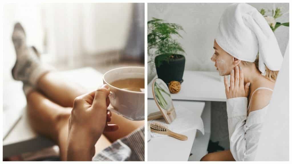 A woman relaxing having a cup of tea on the left, a woman doing a face mask and pampering herself on the right