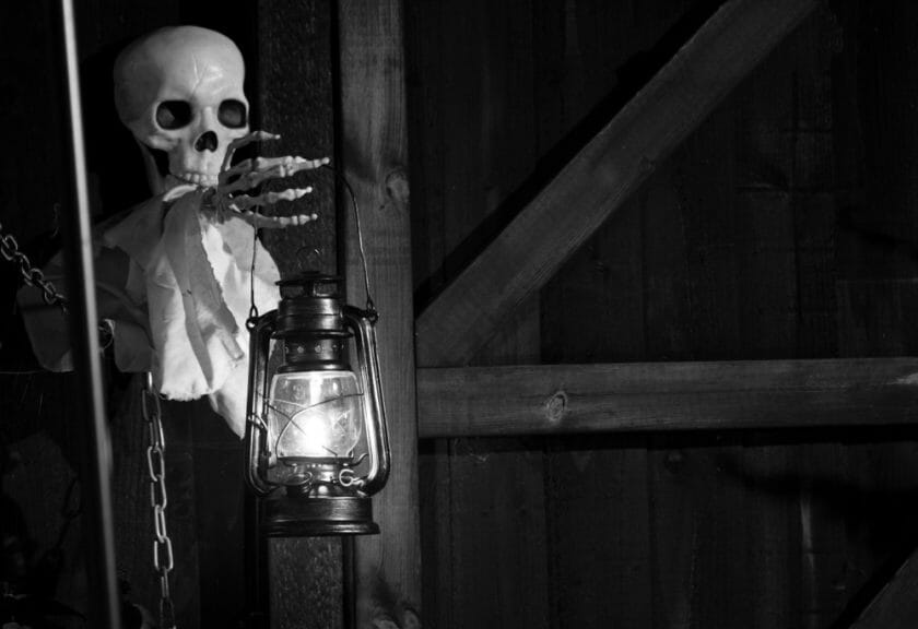 Fake skeleton holding lantern in black and white photo