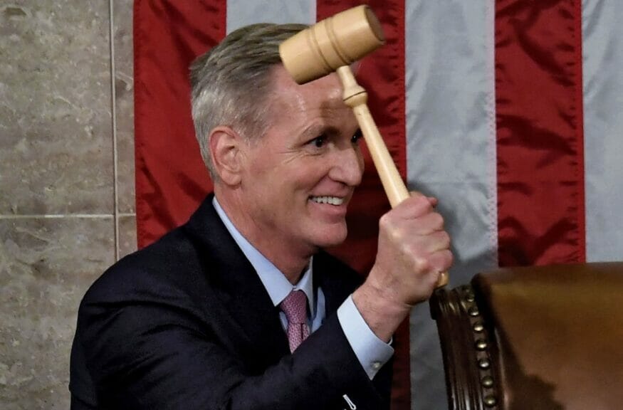 WASHINGTON, DC - JANUARY 06,2023: Newly elected Speaker of the US House of Representatives Kevin McCarthy holds the gavel after he was elected on the 15th ballot at the US Capitol