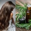 Photo of woman with long brown hair next to photo of rosemary essential oil bottle with rosemary plant cuttings.