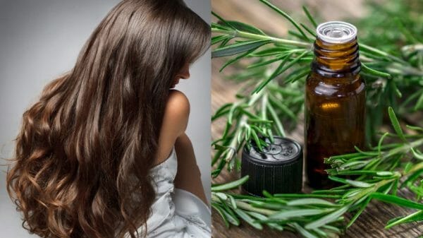 Photo of woman with long brown hair next to photo of rosemary essential oil bottle with rosemary plant cuttings.