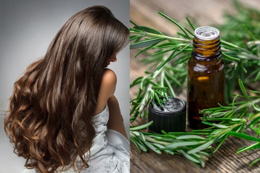 Photo of woman with long brown hair next to photo of rosemary essential oil bottle with rosemary plant cuttings.