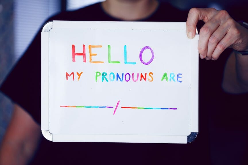 Photo of whiteboard which reads: 'hello my pronouns are'