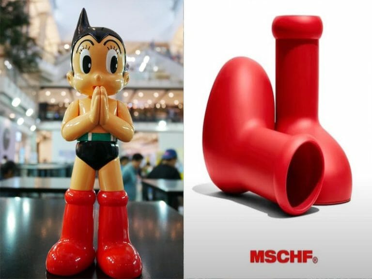 A model figure of Astro Boy to the left of MSCHF's Big Red Boots.