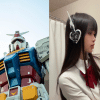 On the left: Gundam robot. On the right: Yūn Mago wearing mecha headphones.