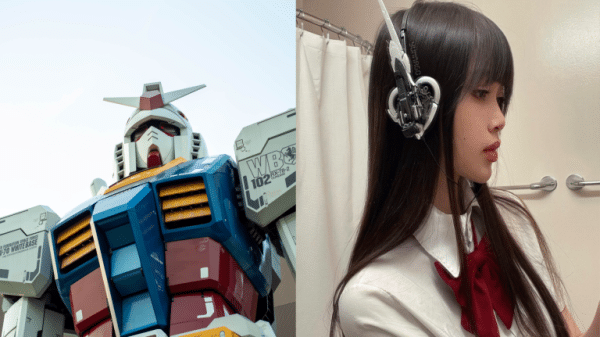 On the left: Gundam robot. On the right: Yūn Mago wearing mecha headphones.