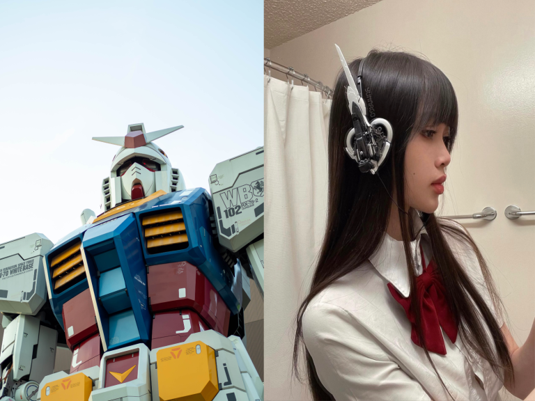 On the left: Gundam robot. On the right: Yūn Mago wearing mecha headphones.