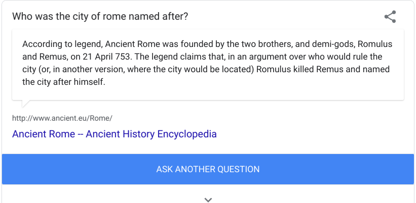 I'm Feeling Curious question #1
Who was Rome named after?
Answer: Romulus, demigod of roman legend, supposedly founded the city after murdering his brother. 