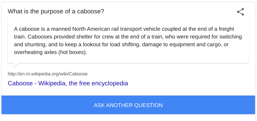 I'm Feeling Curious question #2

What is the purpose of a caboose?

The caboose is the support carriage at the end of a train link hosting facilities for workers who control the shifters and breaks of the train.